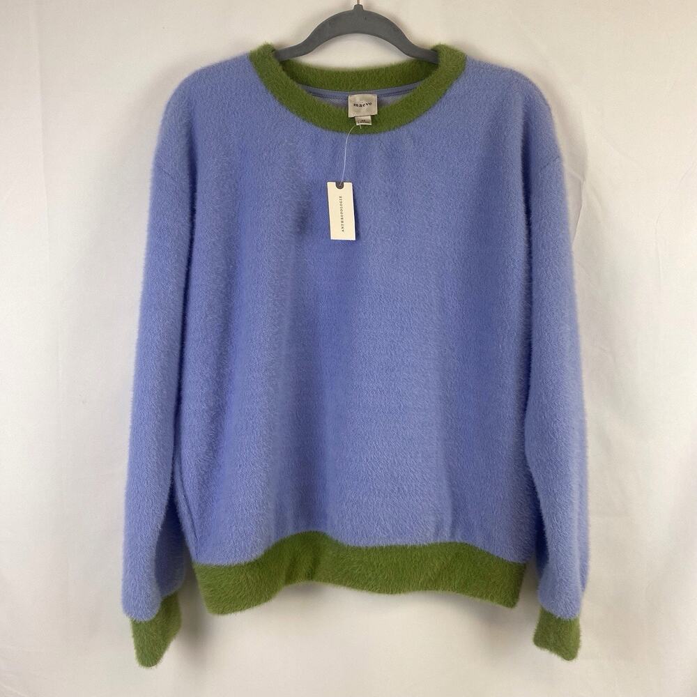 Maeve by Anthropologie Cozy Ringer Fuzzy Crewneck Sweatshirt Blue Green Size XS